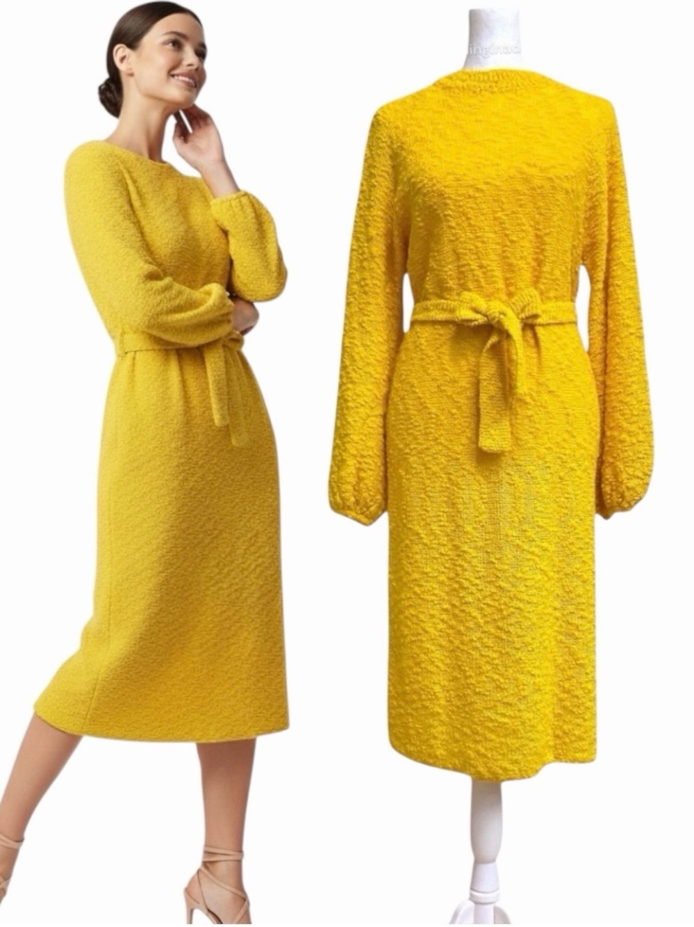 Vintage 1960s St. John Knits First Era Yellow Bouclé Bishop Sleeve Midi Dress S